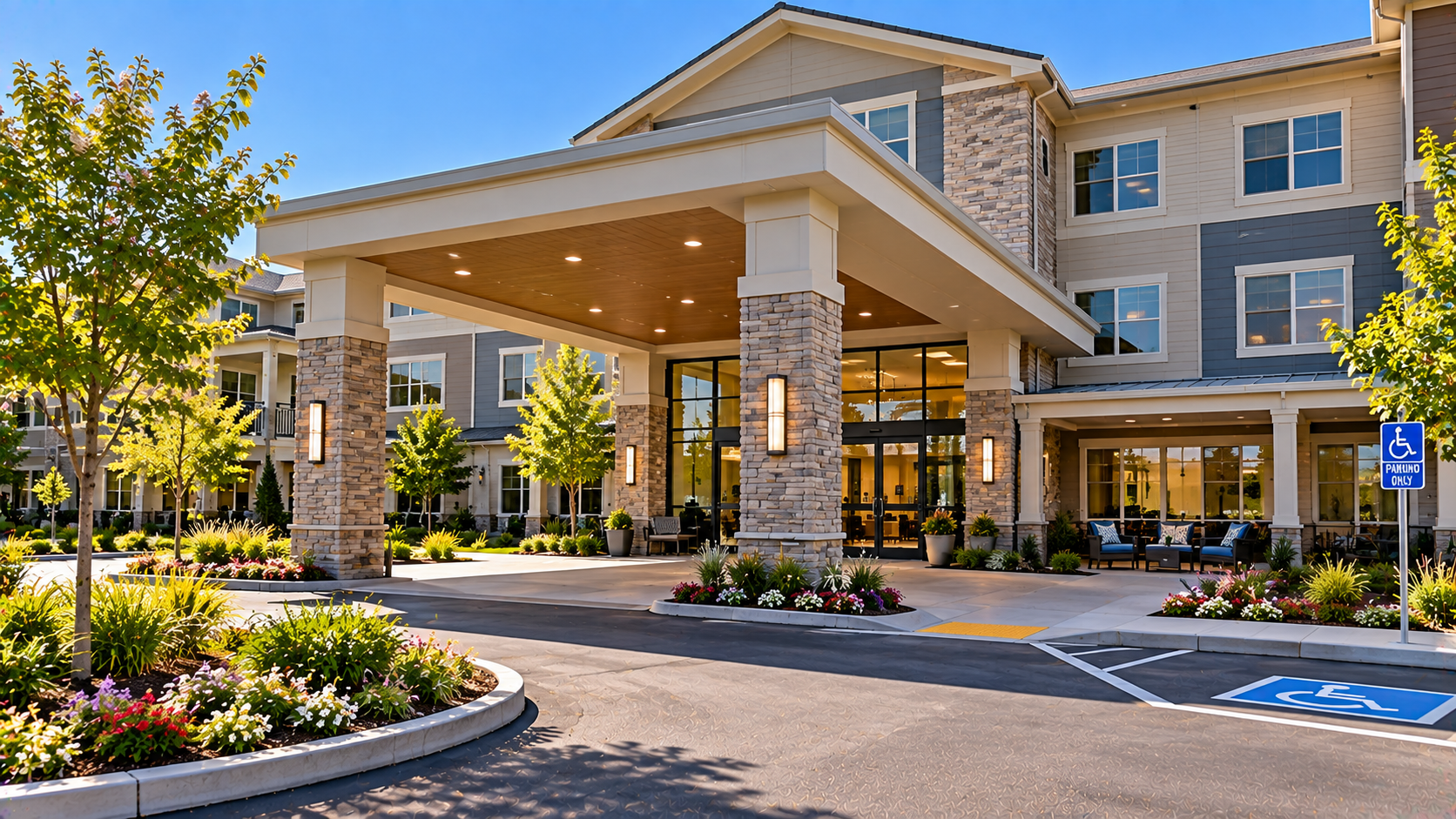 Senior living facility exterior and main entrance