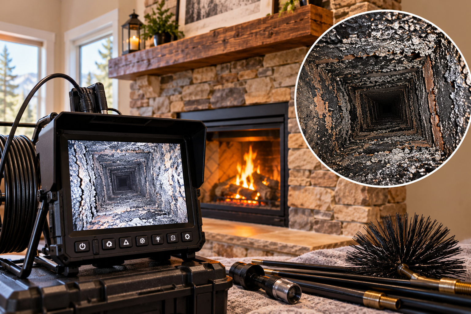 Chimney camera monitor inspecting a fireplace flue
