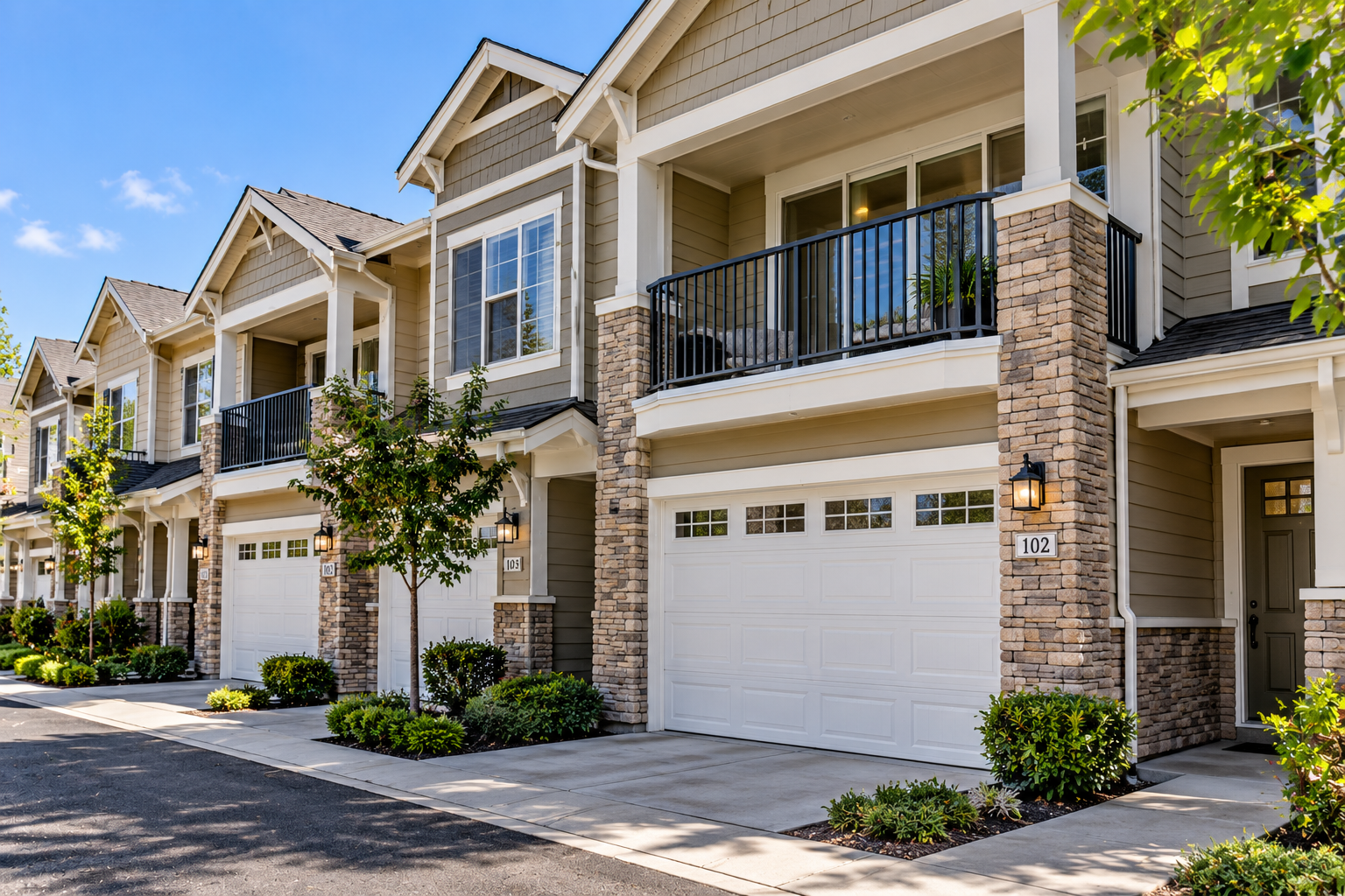 Row of modern townhomes with attached garages