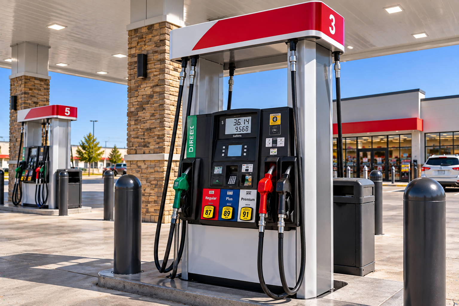 Gas station fuel pump and fueling area