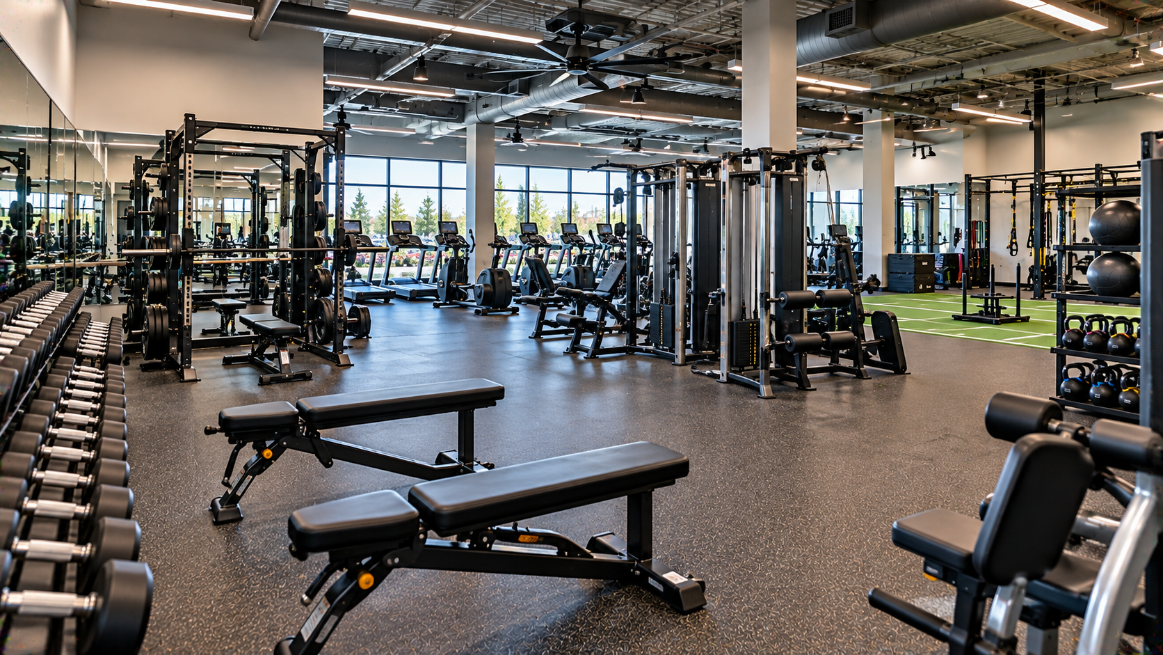 Commercial gym interior with strength-training equipment