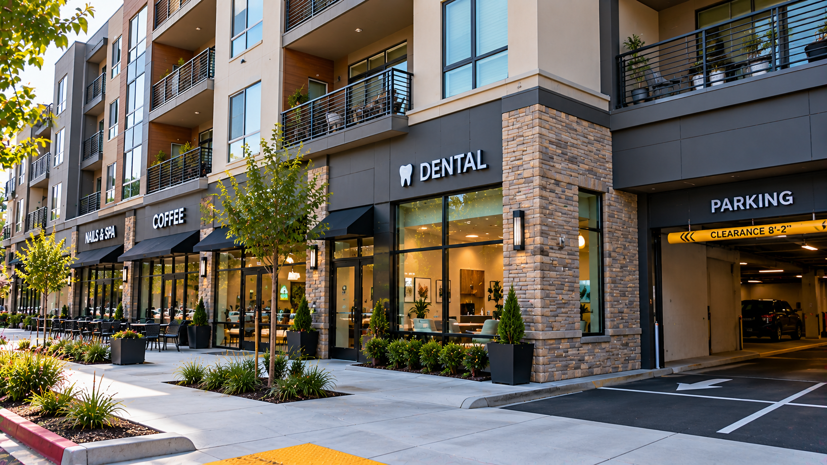 Mixed-use building with dental office, parking and residential units