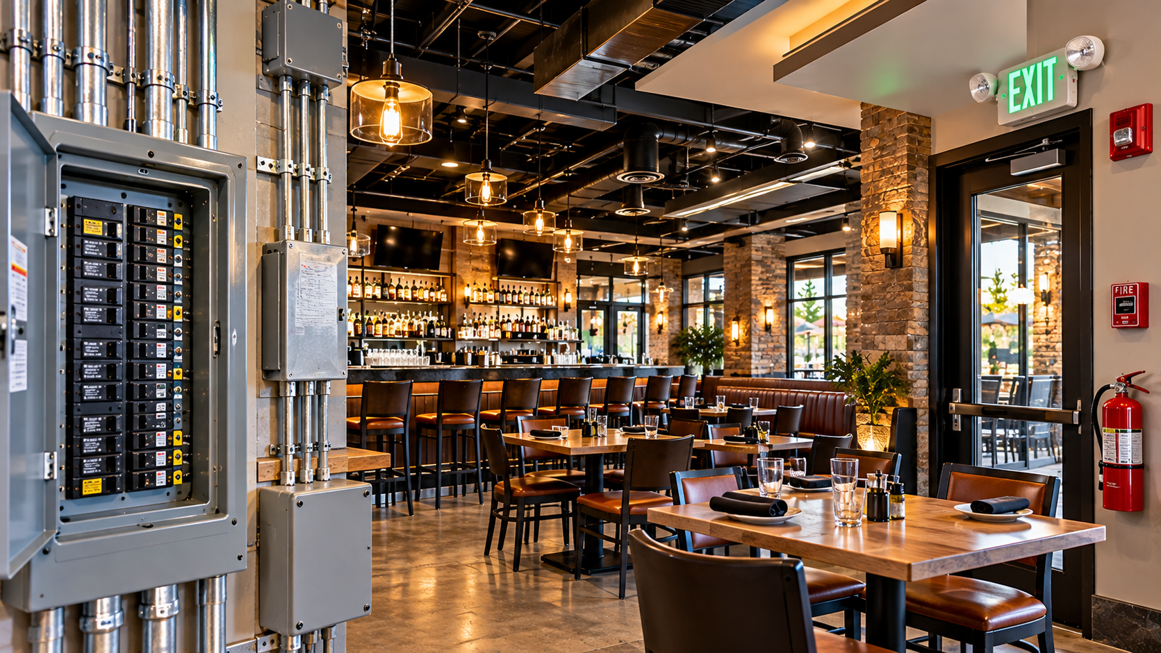 Restaurant dining room with exposed building systems